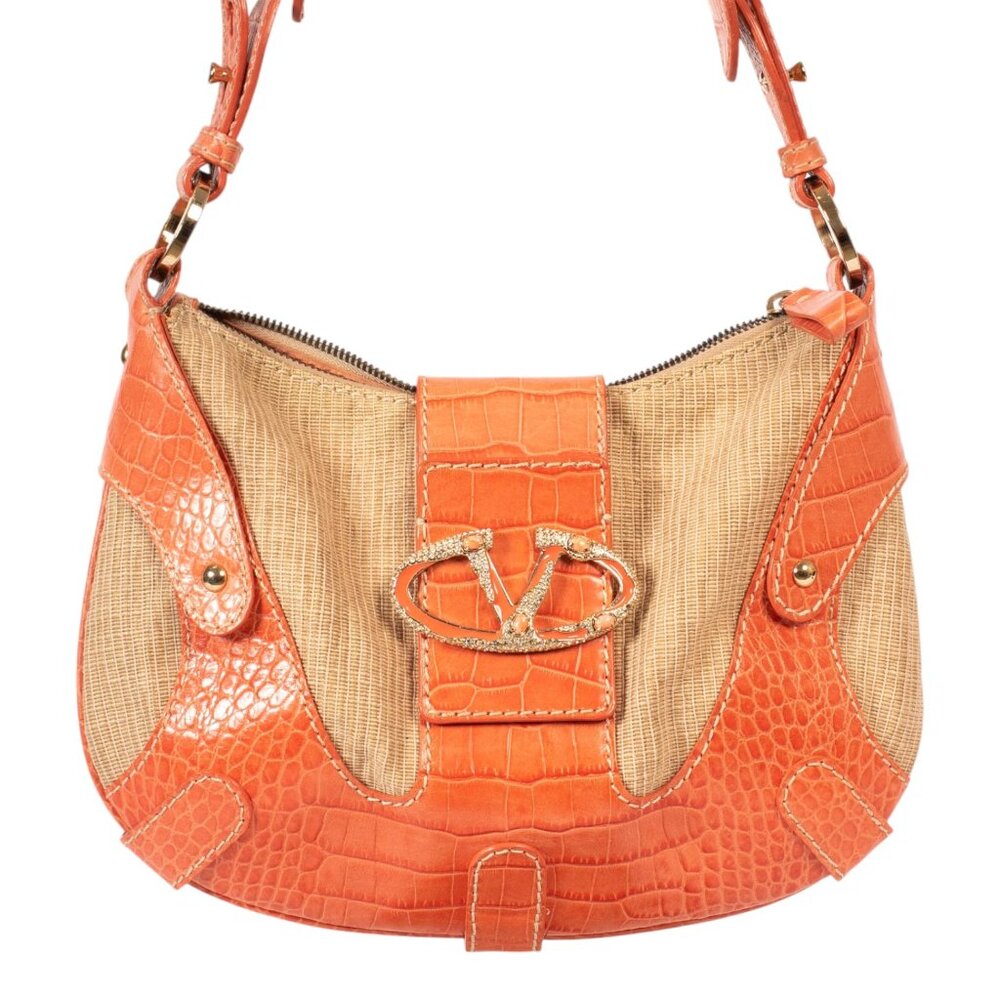 VALENTINO 00S CROC EMBOSSED CORAL SHOULDER BAG